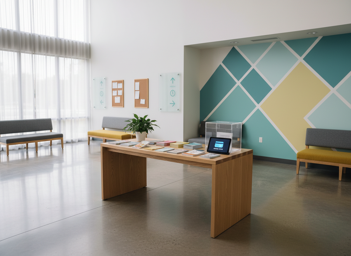 A bright, modern church lobby with a central information table displaying neatly arranged brochures, a donation box, and a small tablet device symbolizing online giving. The table surface is light oak, contrasted against a colorful accent wall in teal and soft yellow geometric shapes that suggest joy and movement. Large windows on one side flood the space with diffused daylight, creating gentle reflections on the polished floor. Comfortable benches and minimalistic signage areas (without visible text) hint at directions and service times. Shot from a slightly elevated, wide-angle perspective, the scene is crisp and realistic, with playful details like a small potted plant and a bulletin board. The overall mood is inviting and energetic, ideal for a donation-focused church nonprofit homepage.