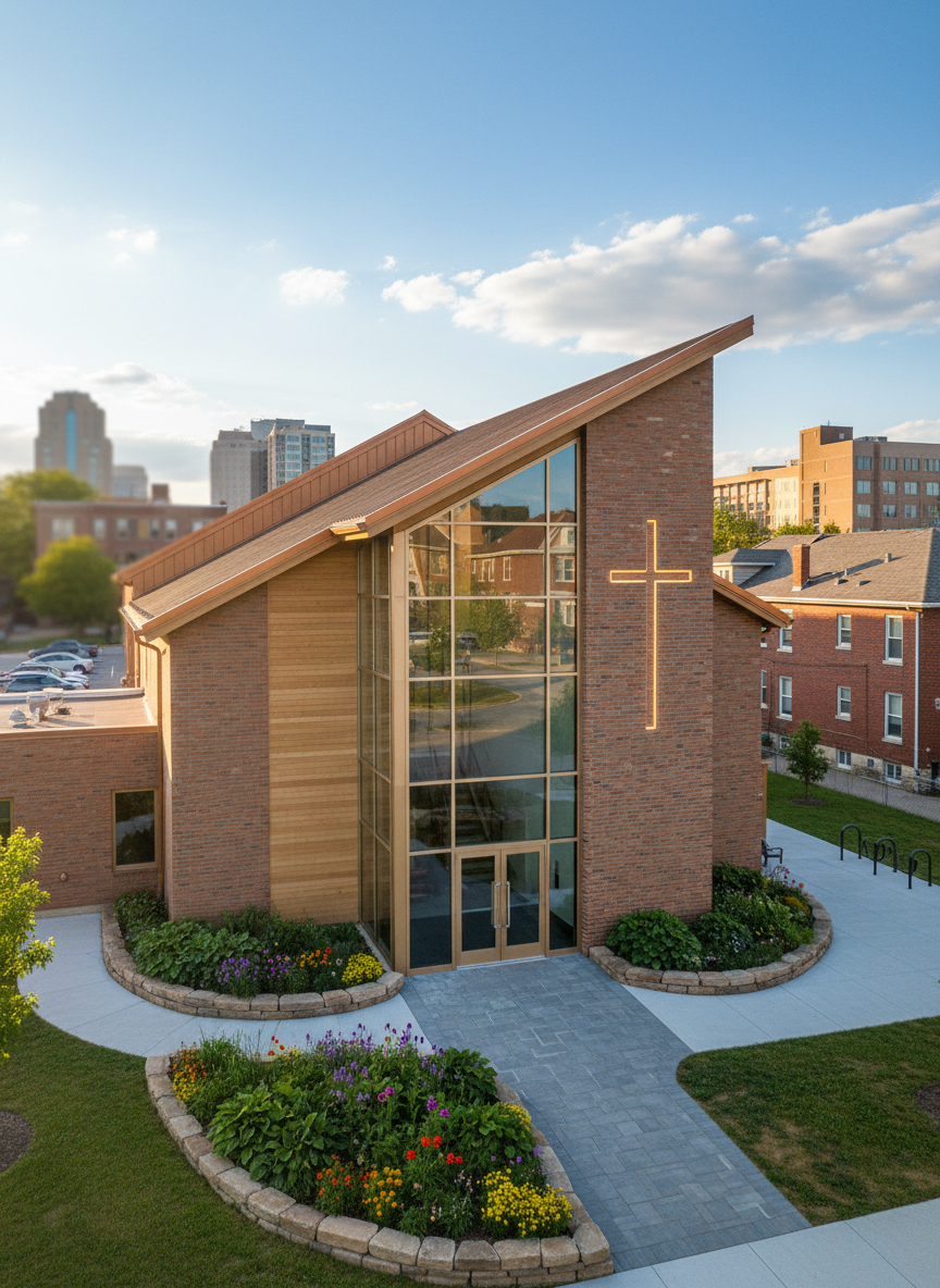 The exterior of a contemporary brick church building in a Cleveland neighborhood, with a gently sloped roof, large glass entryway, and a small landscaped area of fresh green shrubs and colorful flowers near the front. A prominent, simple cross is integrated into the facade design, subtly highlighted by warm afternoon sunlight. Nearby, a clear path leads from a small parking area to the entrance, with a visible door where visitors would arrive. Captured from a slightly elevated angle, the composition shows surrounding city buildings in soft focus, suggesting its urban context. The mood is optimistic and welcoming, with vibrant natural colors, realistic details, and a playful, community-centered feel that supports the nonprofit’s local presence.