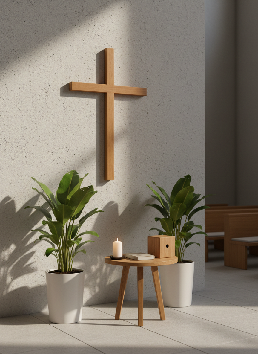 A serene church sanctuary corner featuring a simple wooden cross mounted on a textured, light-gray wall, surrounded by tall, leafy green plants in modern white planters. A small oak table below holds an unlit candle, a closed, textless book, and a discreet offering box suggesting donations. Soft morning light streams in from an unseen window to the left, creating gentle highlights on the cross and subtle shadows behind the plants. The composition follows the rule of thirds, with the cross slightly off-center and a shallow depth of field that softly blurs the background. The mood is peaceful yet hopeful, with realistic details and a clean, modern aesthetic that aligns with a playful but reverent church nonprofit brand.